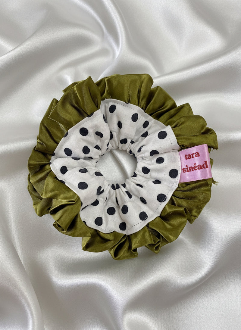 'Cruella, Olive'  Statement Ruffle - Polka dot with Green trim