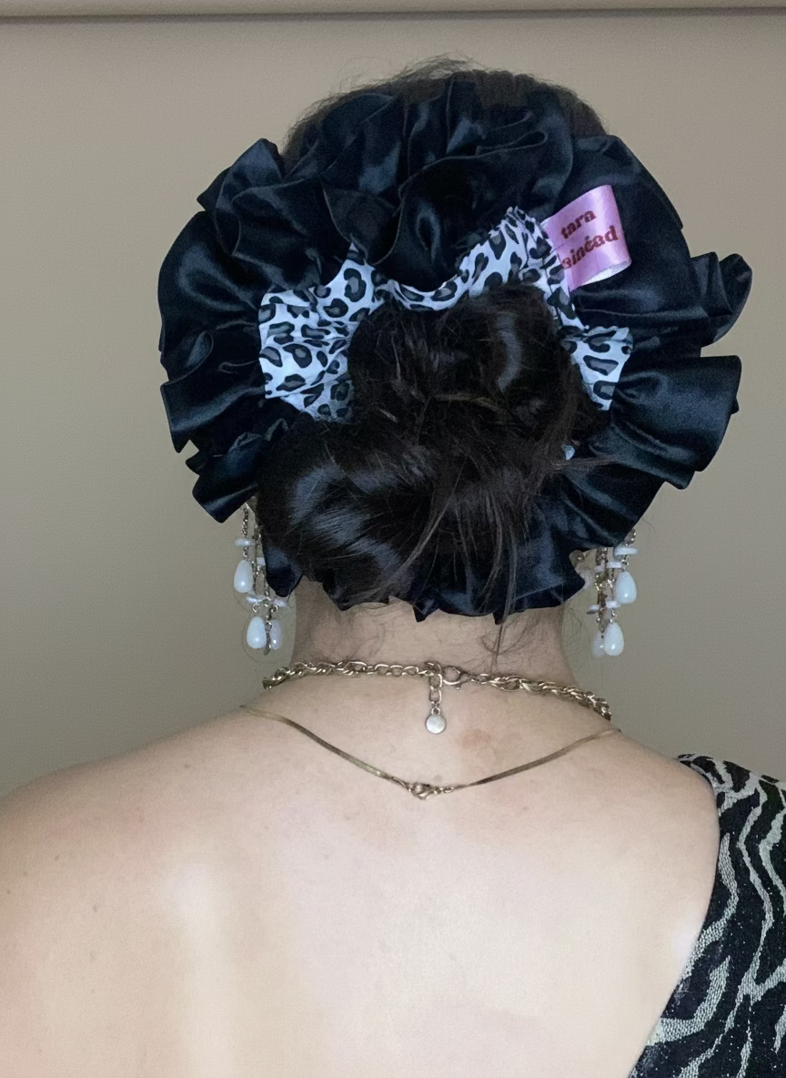 'Black Cat' Statement Ruffle, Grey leopard print with black trim