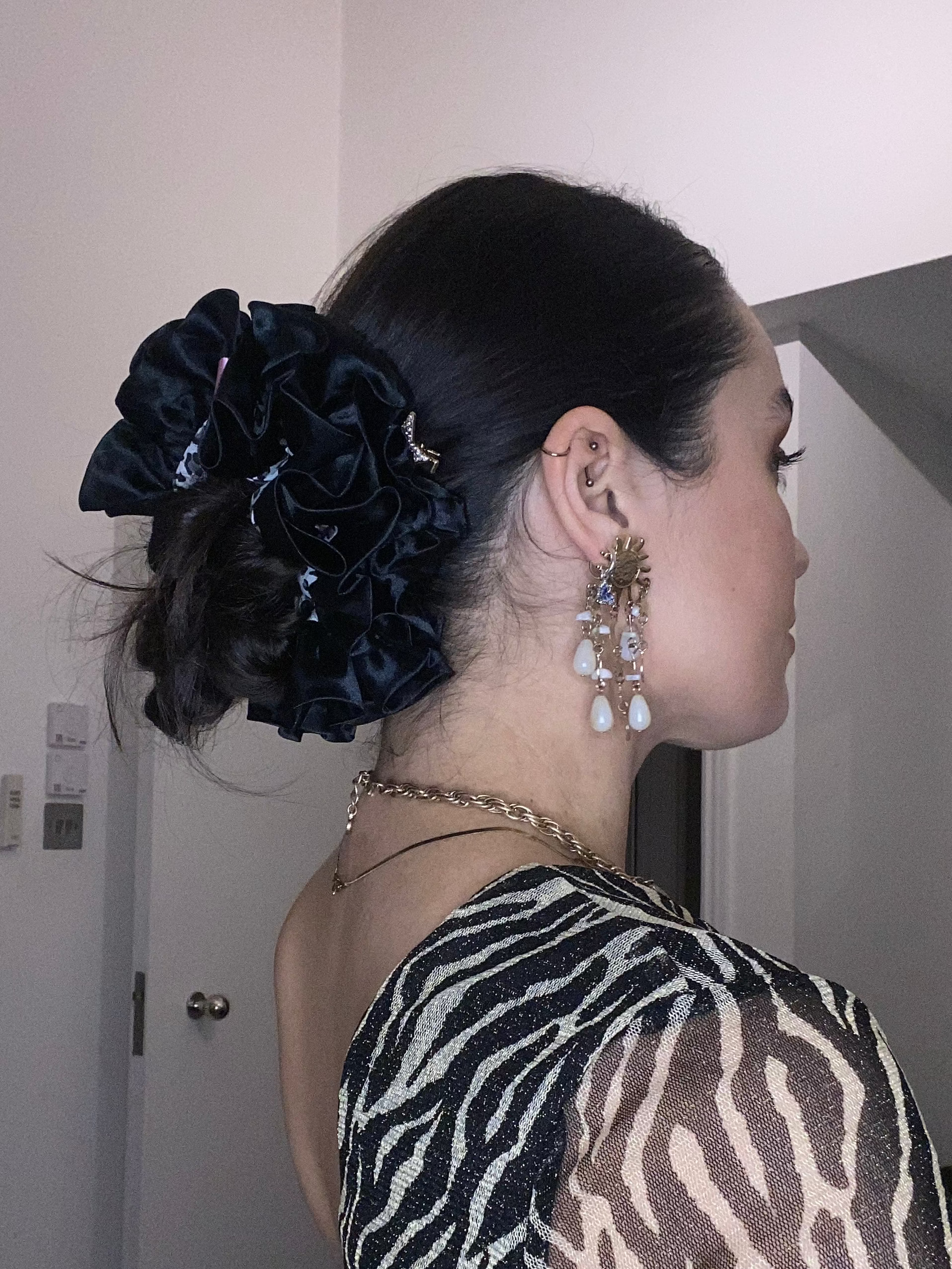 'Black Cat' Statement Ruffle, Grey leopard print with black trim