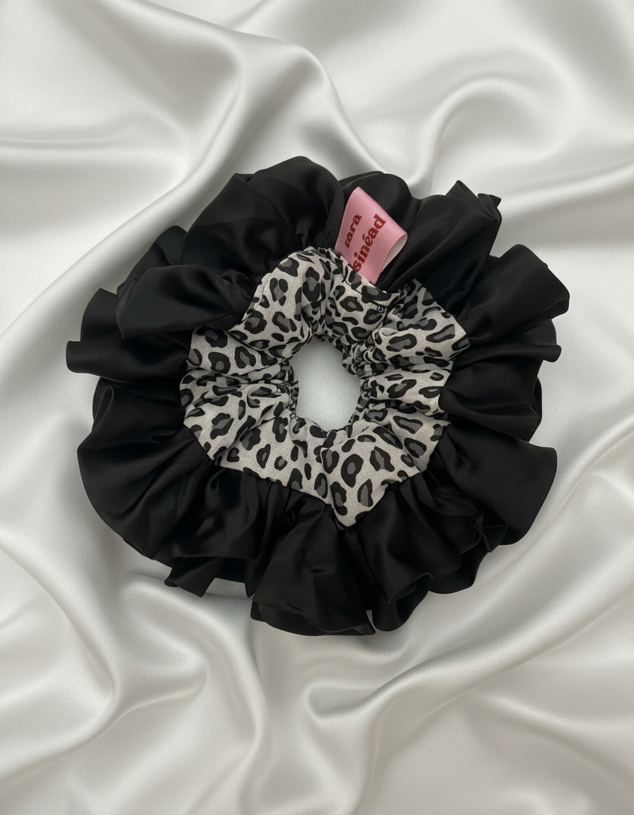 'Black Cat' Statement Ruffle, Grey leopard print with black trim
